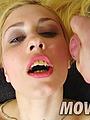Blonde sexslut fucked by two studs before getting facialized